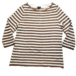 Talbots Striped Sequin Knit Top Size L Brown White 3/4 Sleeve Boat Neck